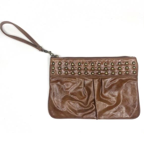 Y2k Express Brown Studded Leather Wristlet - Picture 1 of 7